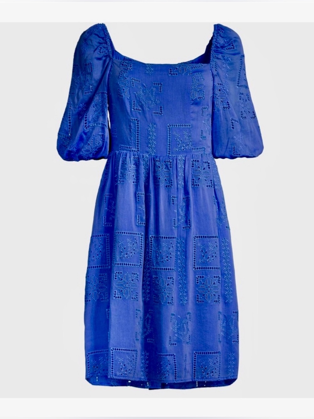 Johnny Was Ella Dress Blue Eyelet Embroidered Silk Cotton Smocked, Small